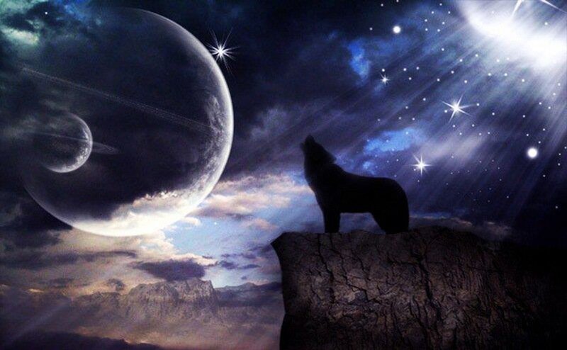 Wolf Howling at Night — Blue, Dramatic, Digital Art, Planet