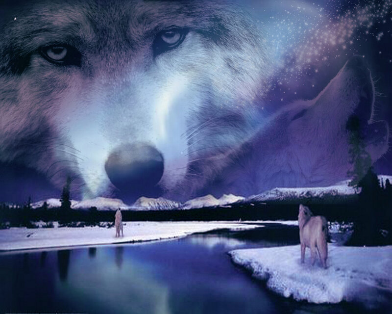 Wolf Howling at Night — Blue, Dramatic, Digital Art, River