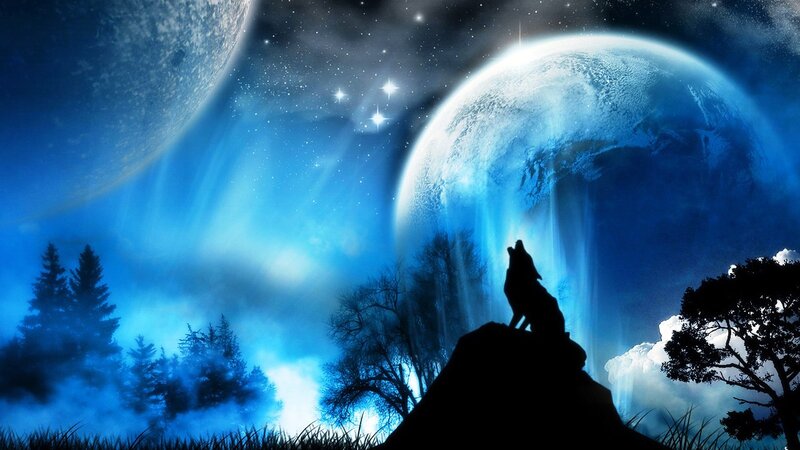 Wolf Howling at Night — Blue, Dramatic, Digital Art