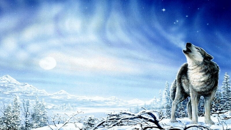 Wolf Howling at Night — Blue, Serene, Digital Art, Moon