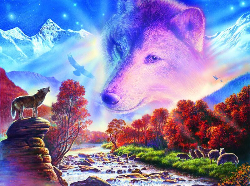 Wolf Howling at Night — Blue, Serene, Digital Art