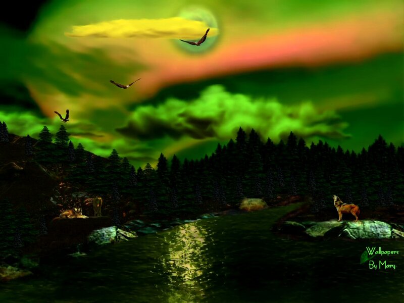 Wolf Howling at Night — Green, Dramatic