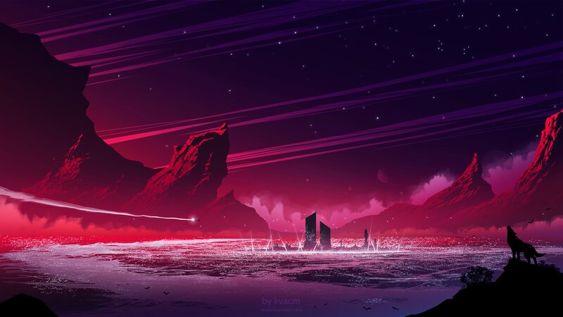 Wolf Howling at Night — Purple, Dramatic, Digital Art