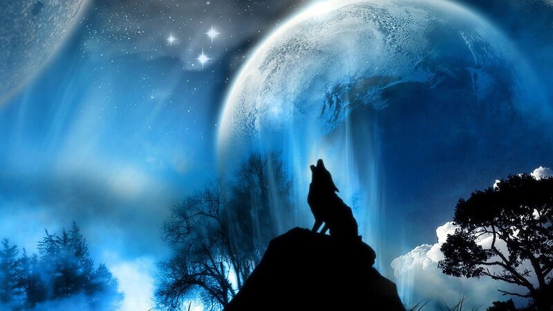 Wolf Howling at Planet — Blue, Dramatic