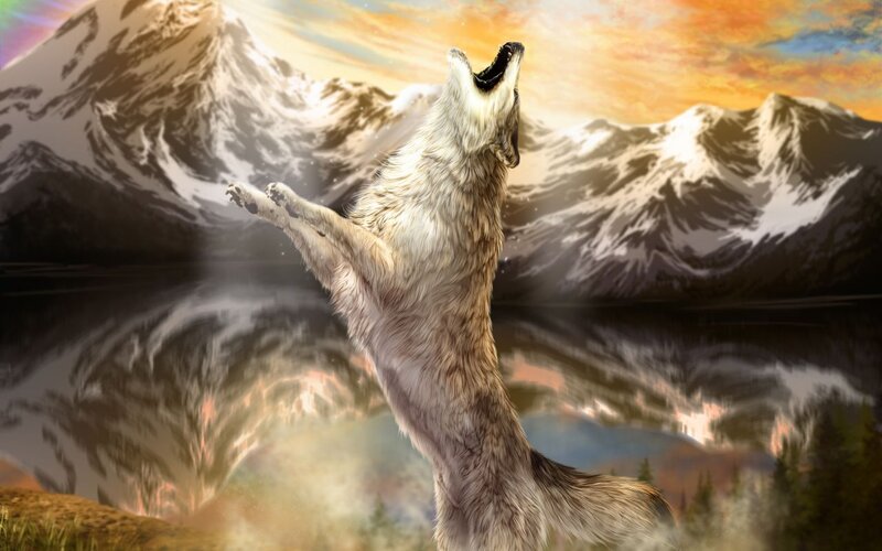 Wolf Howling at Sunset — Orange, Dramatic, Digital Art, Mountains