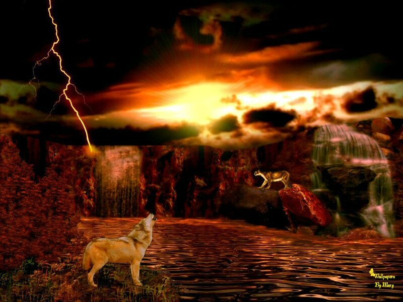 Wolf Howling at Sunset — Orange, Dramatic, Digital Art