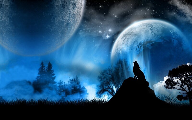 Wolf howling at twin moons