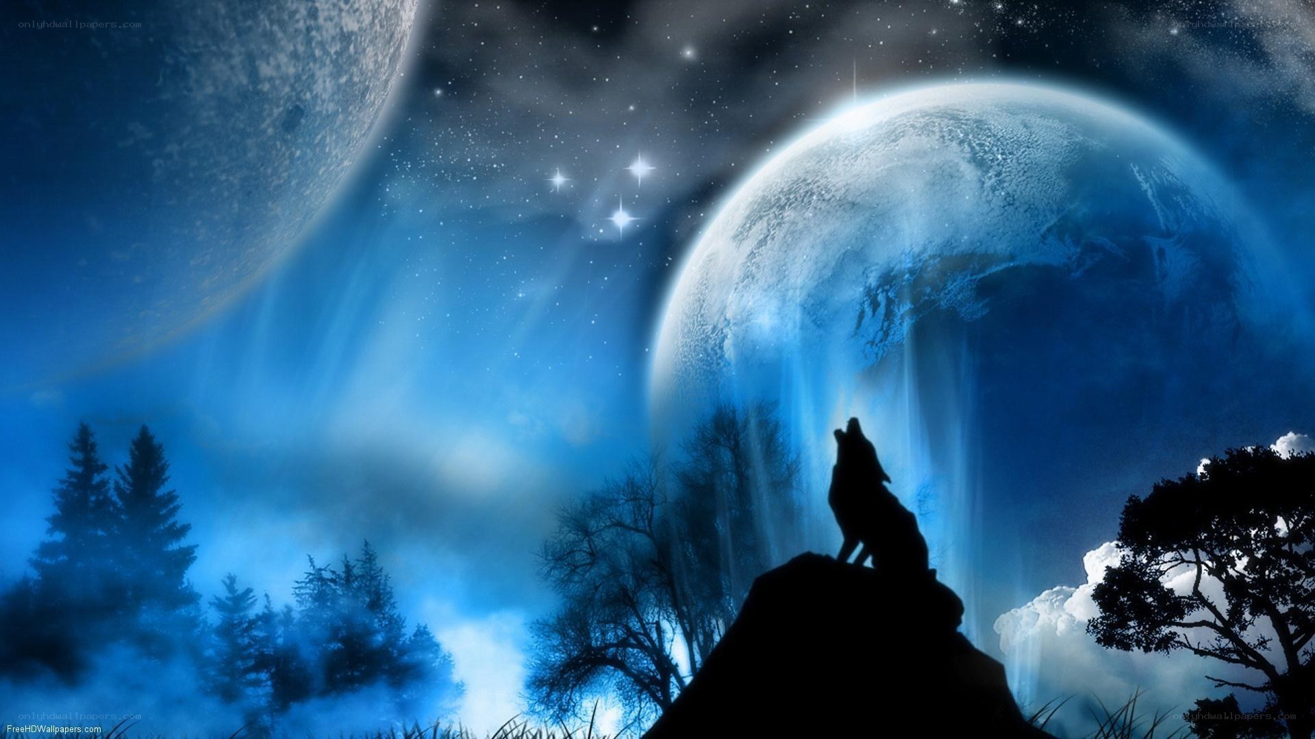 Wolf howling at twin moons