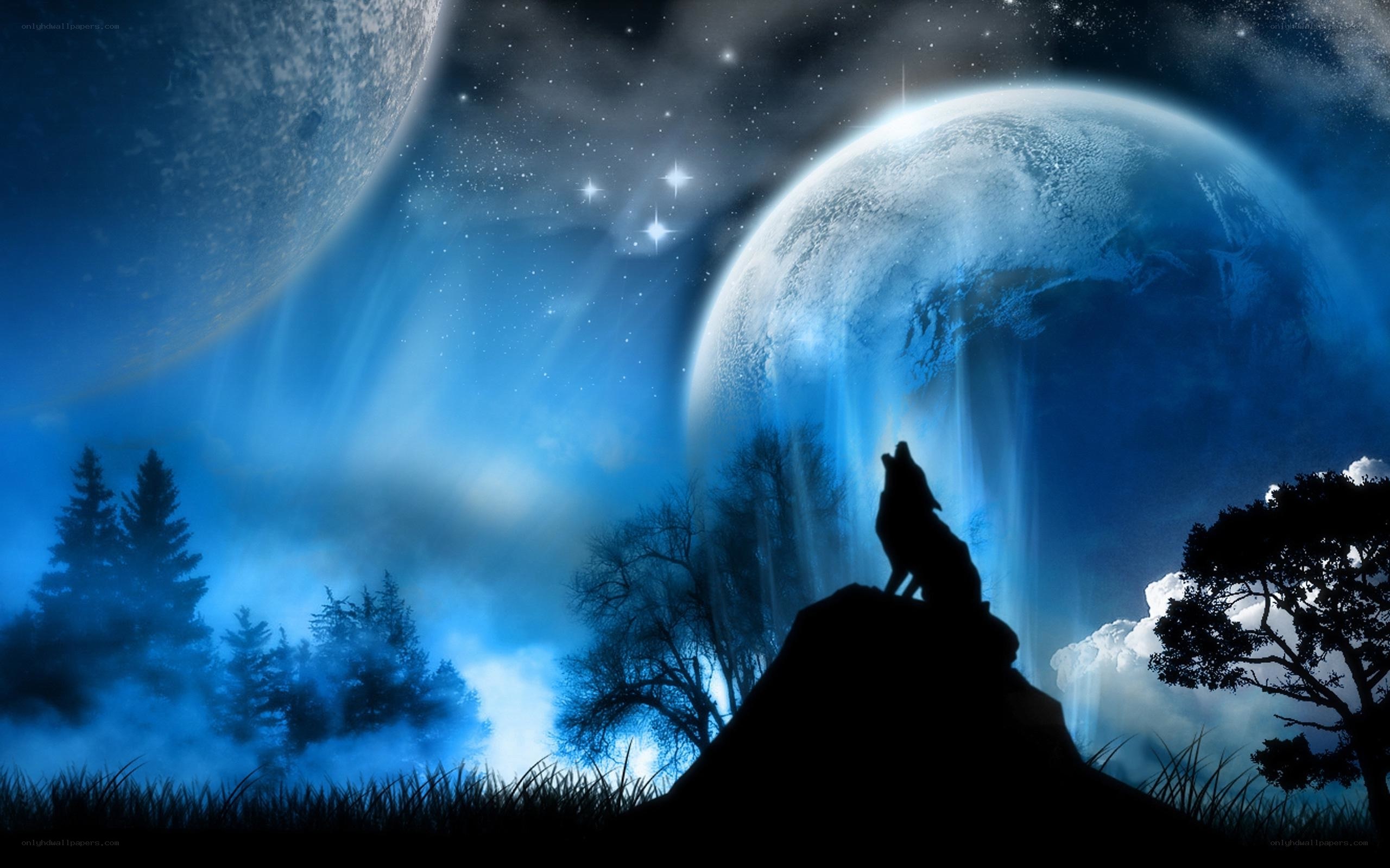 Wolf howling at twin moons