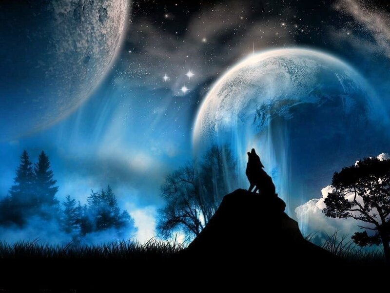 wolf howling at twin moons