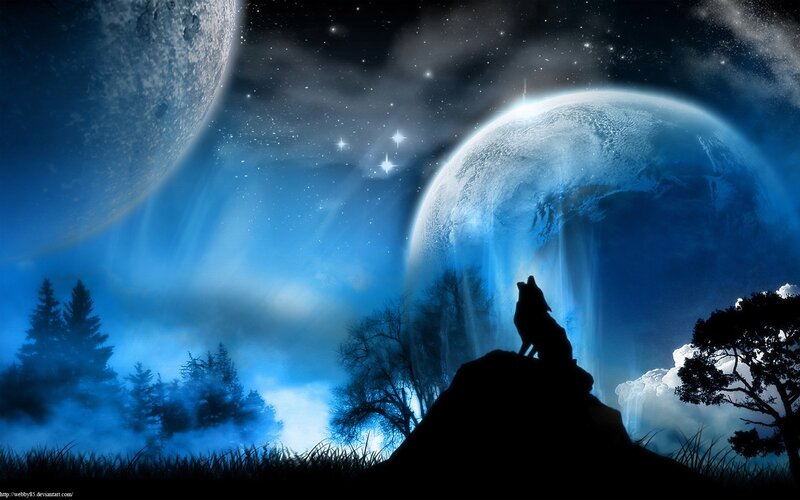 Wolf howling at two moons