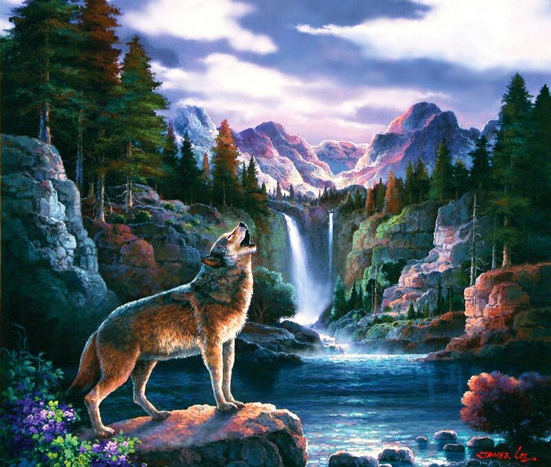Wolf Howling at Waterfall