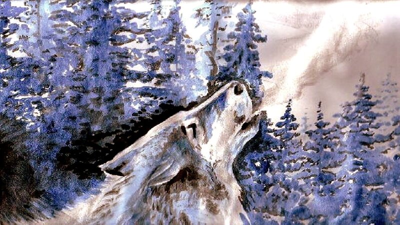 Wolf Howling in Forest — Blue, Dramatic, Winter, Painting