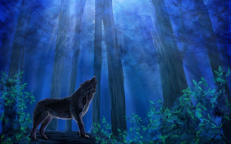 Wolf Howling in Forest — Blue, Mystical, Night, Digital Art, Trees, Bushes