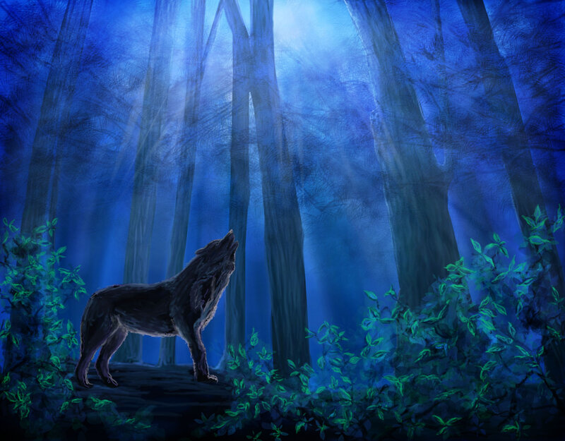 Wolf Howling in Forest — Blue, Mystical, Night, Digital Art, Trees