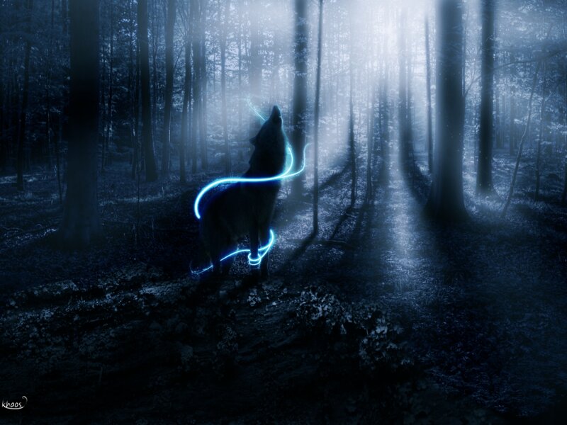 Wolf Howling in Forest — Blue, Mystical