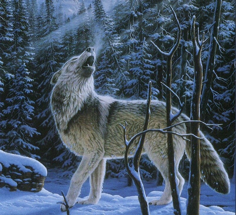 Wolf Howling in Snow — White, Dramatic, Winter, Digital Art