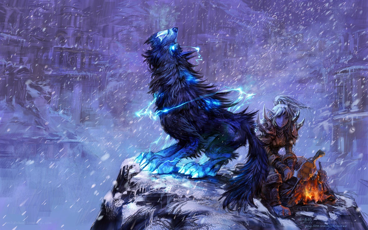 wolf howling in snowstorm