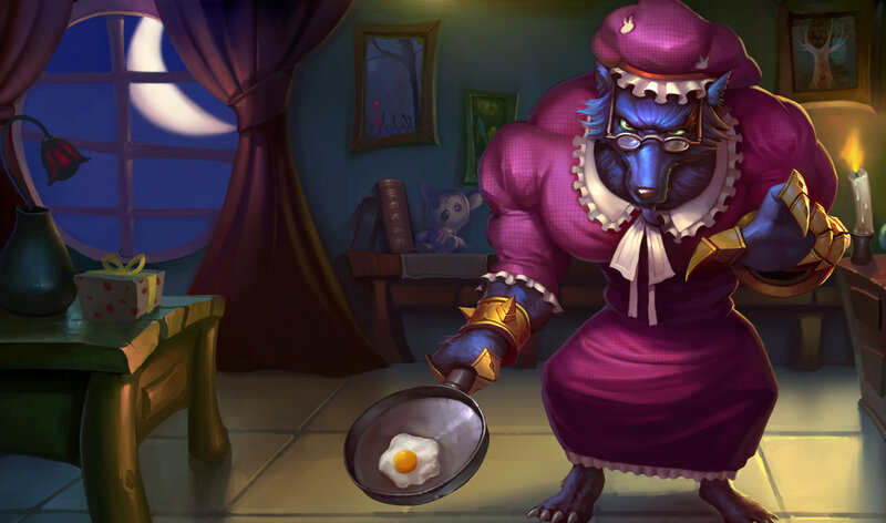Wolf in a dress holding a frying pan