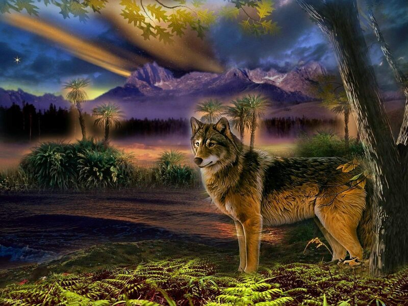 Wolf in a mystical landscape