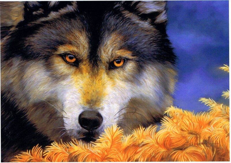 Wolf in Autumn Foliage — Brown, Intense