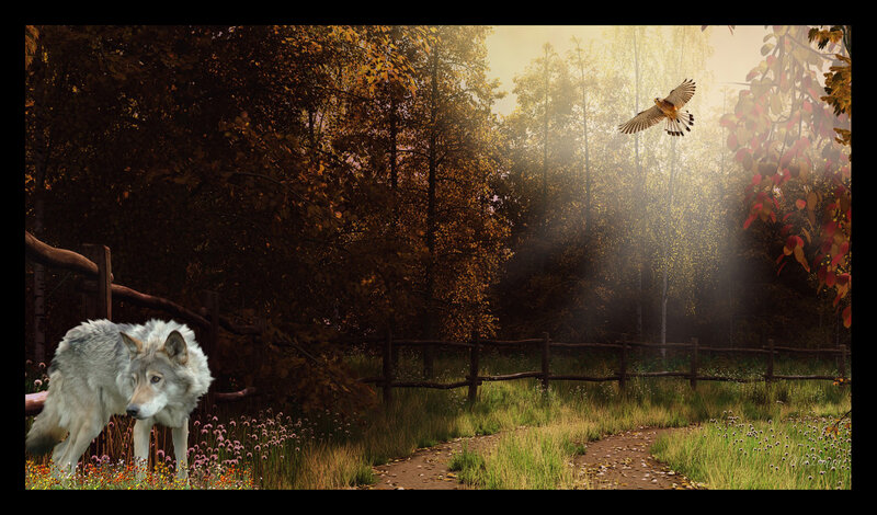 Wolf in Autumn Forest — Brown, Serene, Digital Art, Bird