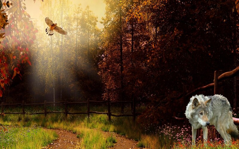 Wolf in Autumn Forest — Brown, Serene, Digital Art