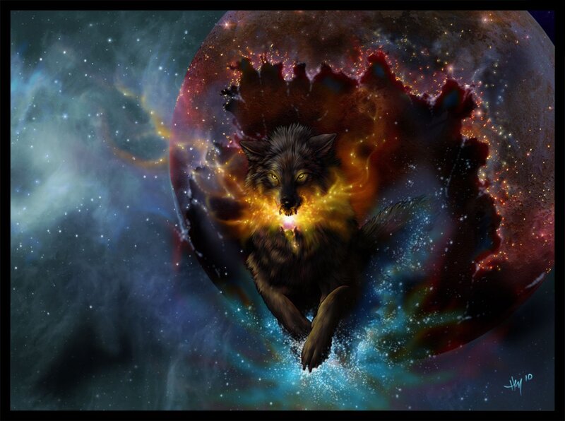 wolf in cosmic nebula