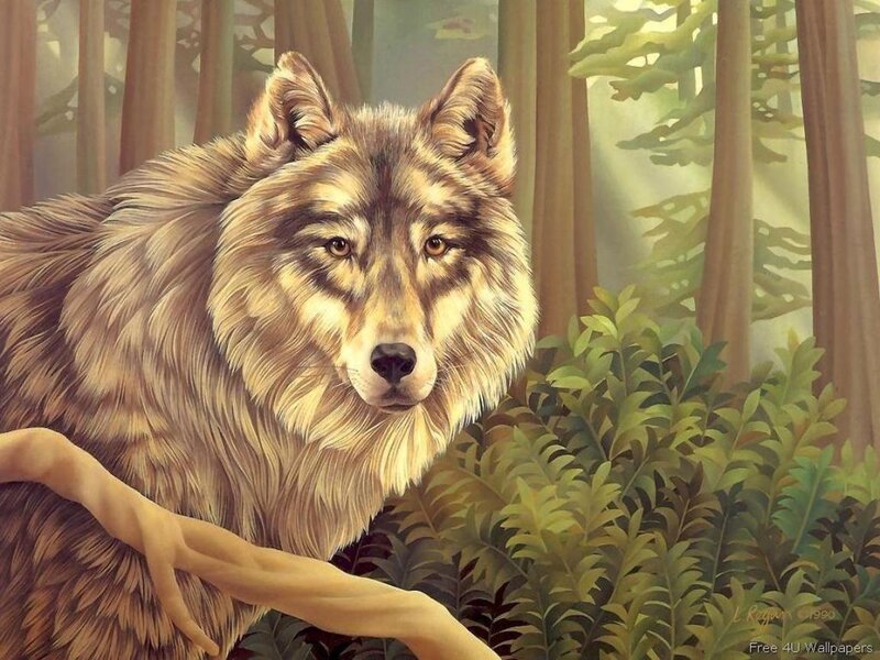 Wolf in Forest — Brown, Serene, Morning, Painting
