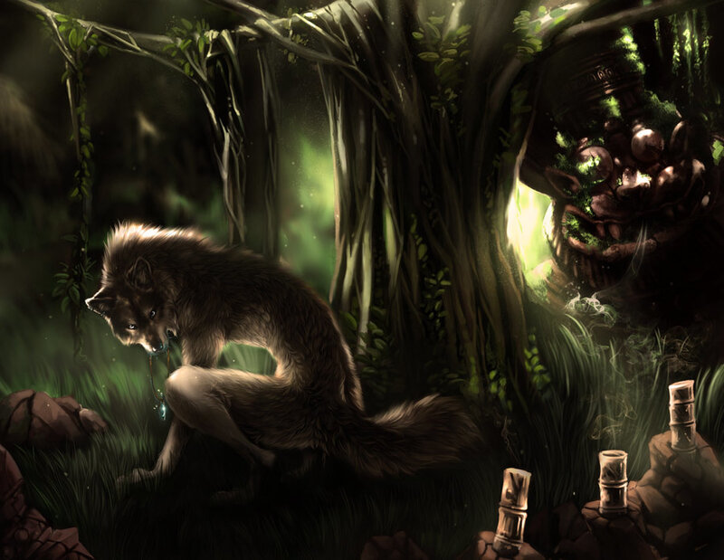 Wolf in Forest — Green, Dark