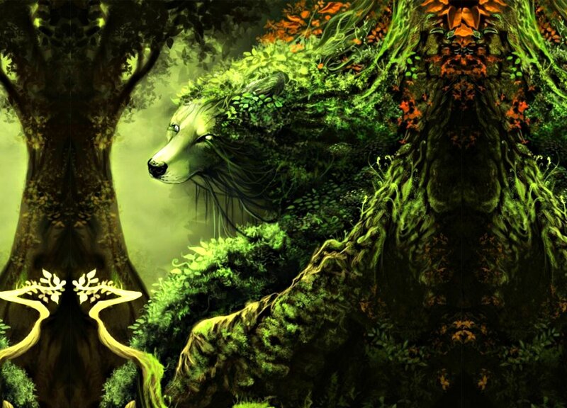 Wolf in Forest — Green, Mystical