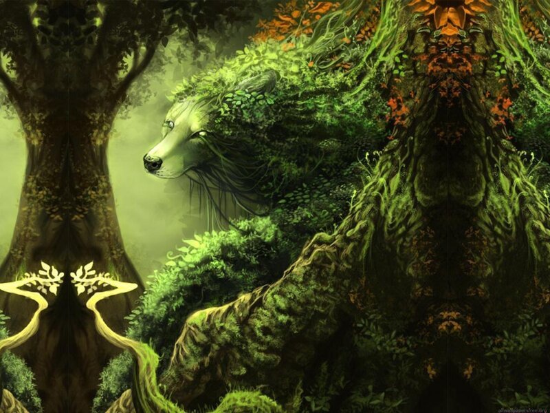 Wolf in Forest — Green, Serene, Digital Art