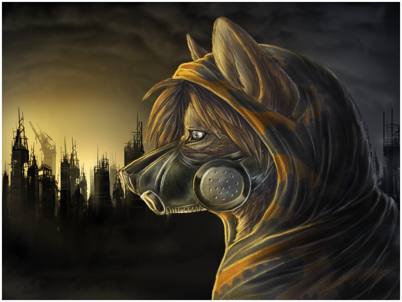 wolf in gas mask cityscape