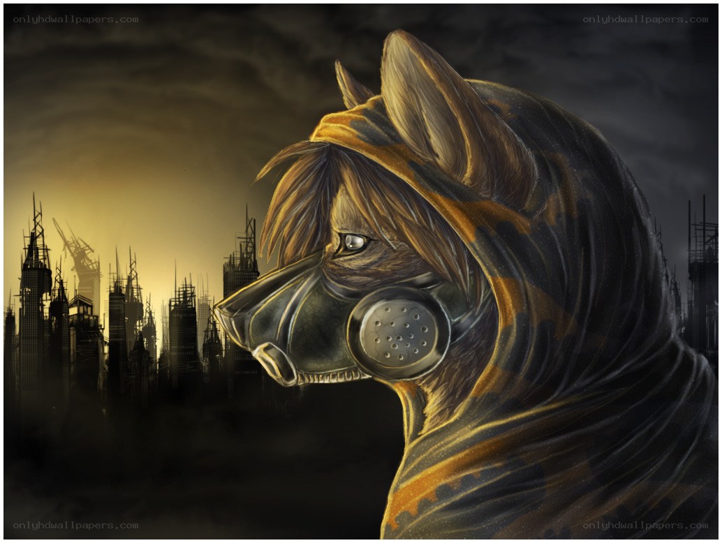 wolf in gas mask cityscape