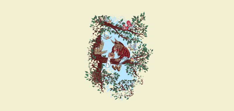 wolf in plaid on a tree