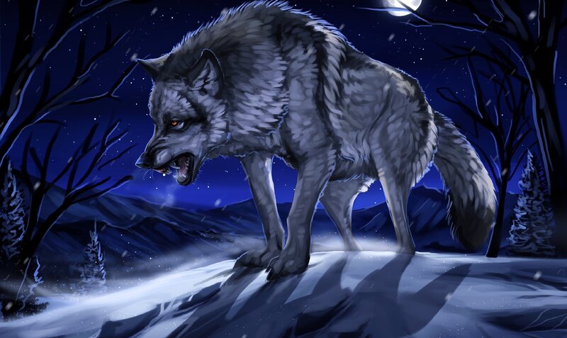 Wolf in Snowy Forest — Blue, Dramatic, Night, Digital Art, Moon