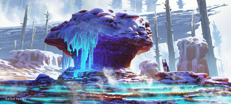 Wolf in Snowy Forest — Blue, Serene, Winter, Digital Art