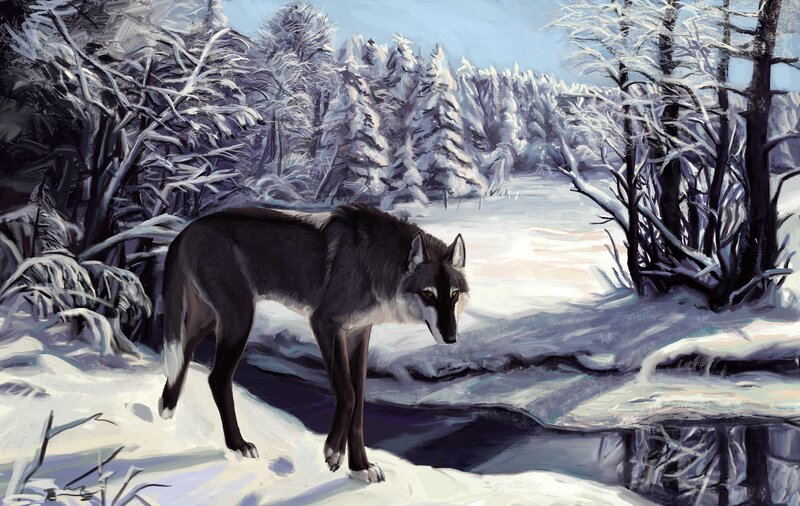 Wolf in Snowy Forest — White, Cold, Winter, Digital Art