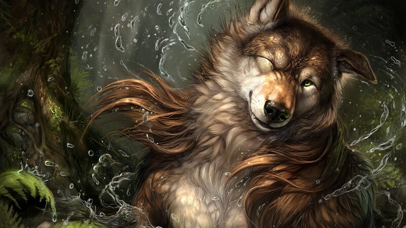 Wolf in Water — Brown, Serene, Digital Art, Forest