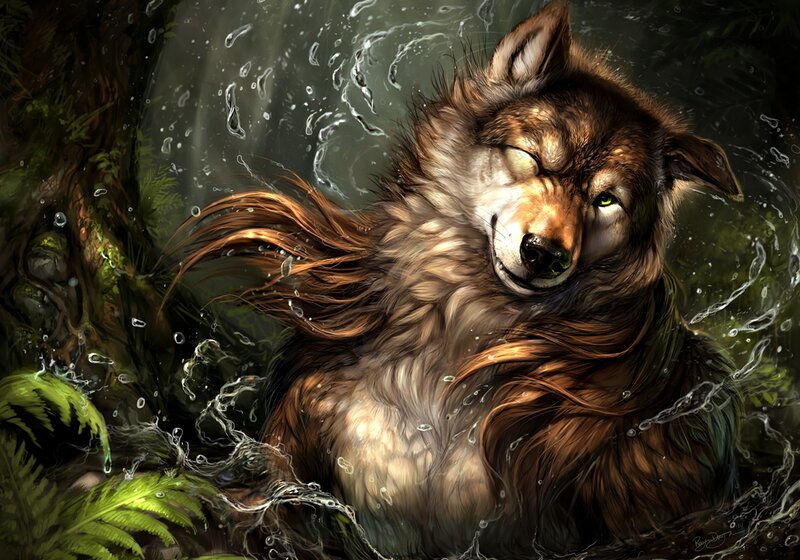Wolf in Water — Brown, Serene, Digital Art