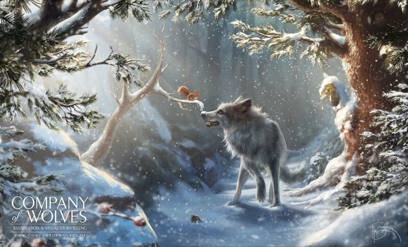 Wolf in Winter Forest — White, Serene, Digital Art