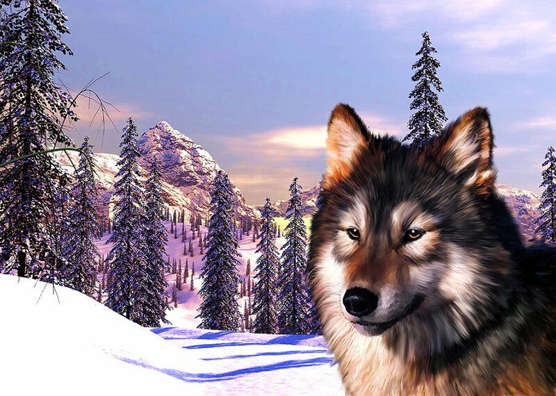 Wolf in Winter Landscape — White, Serene, Digital Art