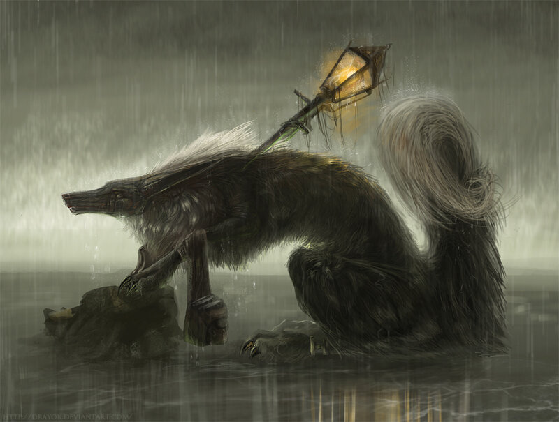 wolf-like creature in the rain