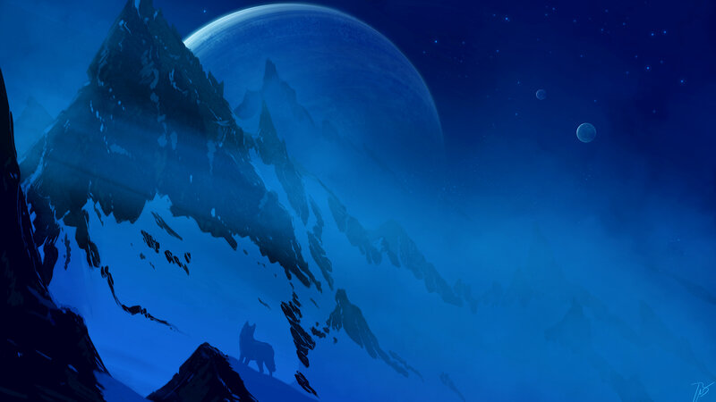 Wolf on Mountain Peak — Blue, Dramatic
