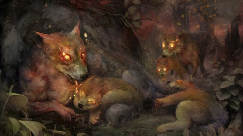 Wolf Pack in Forest — Brown, Dramatic, Night
