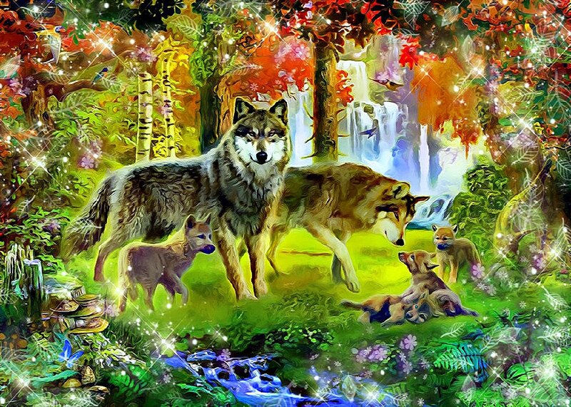 Wolf Pack in Forest — Green, Magical