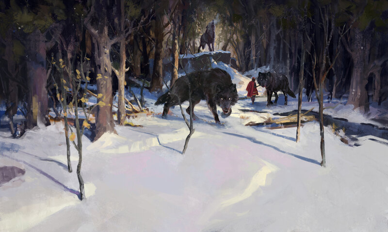 Wolf Pack in Snow — White, Dramatic, Winter, Digital Art, Forest