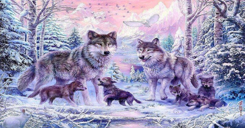 Wolf Pack in Snow — White, Serene, Winter, Digital Art, Cubs