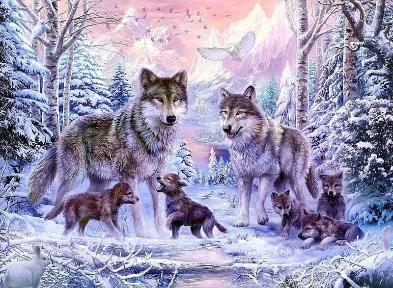 Wolf Pack in Snow — White, Serene, Winter, Digital Art, Mountains