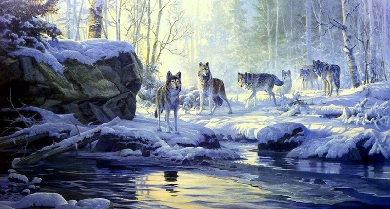 Wolf Pack in Snow — White, Serene, Winter, Painting, Forest, River
